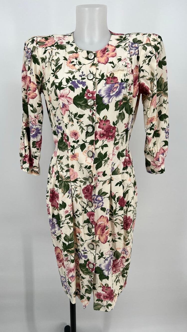 Vintage 80s Jonathan Martin Dress Floral Womens M Pink Purple Button Midi Sheath